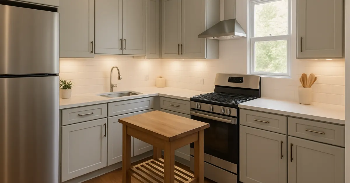 Efficient L-shaped small kitchen with gray cabinets, quartz counters, slim range hood, and a narrow movable island.